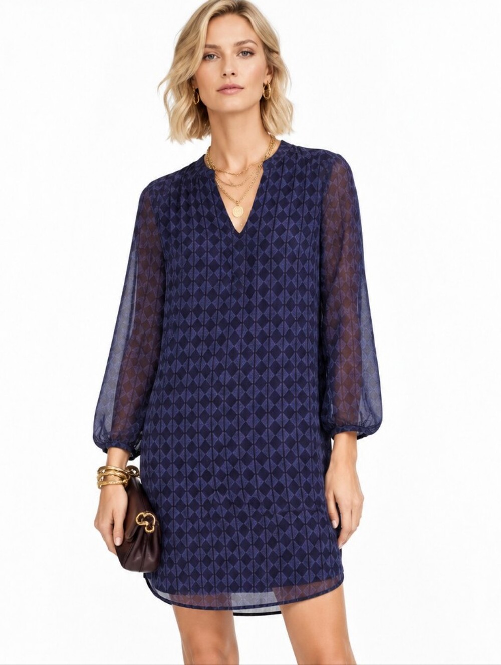 Cabi Harlequin Eggplant Purple Shift Dress 3102 Long Sleeve